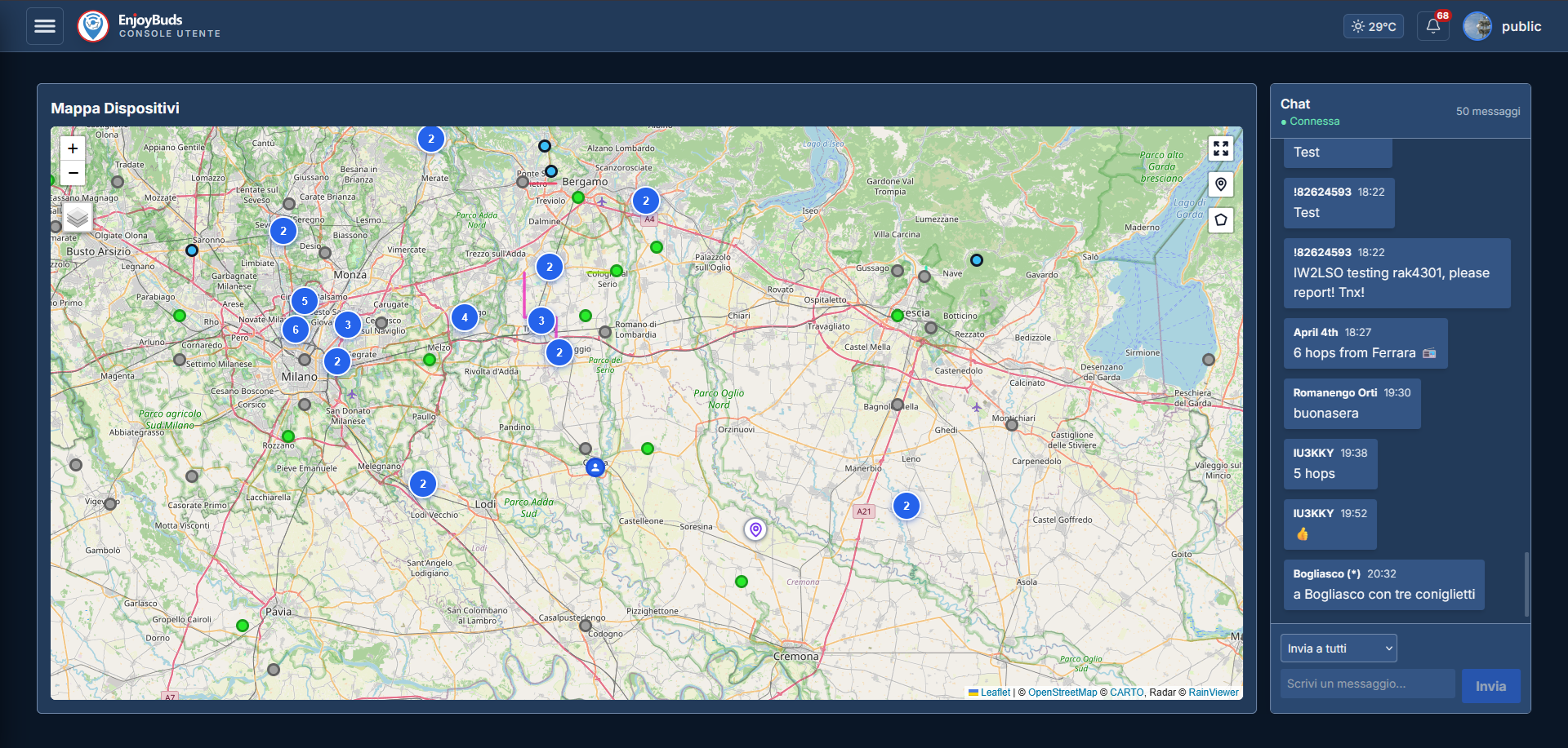 La console EnjoyBuds: mappa dei nodi con hop count, meteo e mesh chat